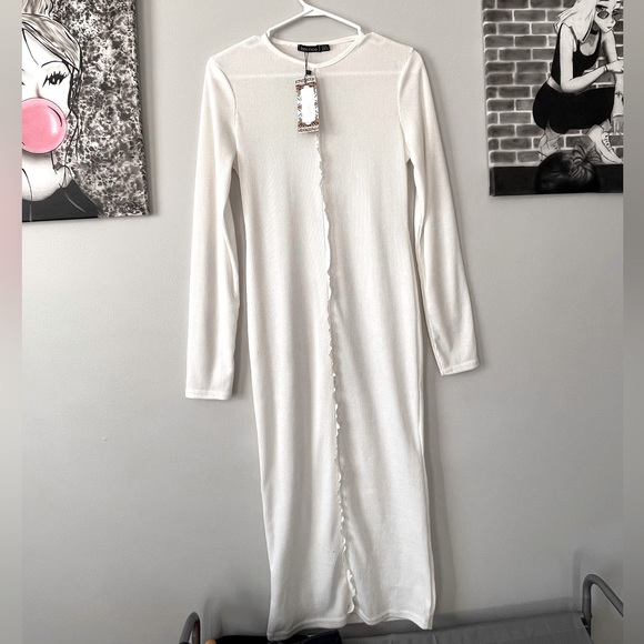 White tall exposed seam ribbed midi dress. - Picture 1 of 1